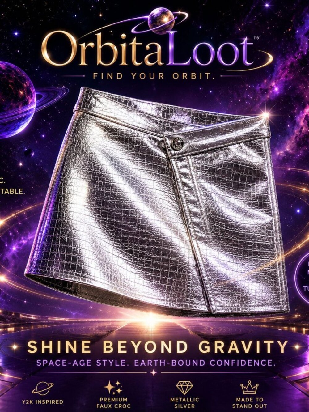 AQUA Sz L Metallic Silver Faux Croc Mini Skirt Y2K Clubbing Spacecore NWT